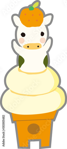 鏡餅のおもちに乗っている子どもの牛のイラスト