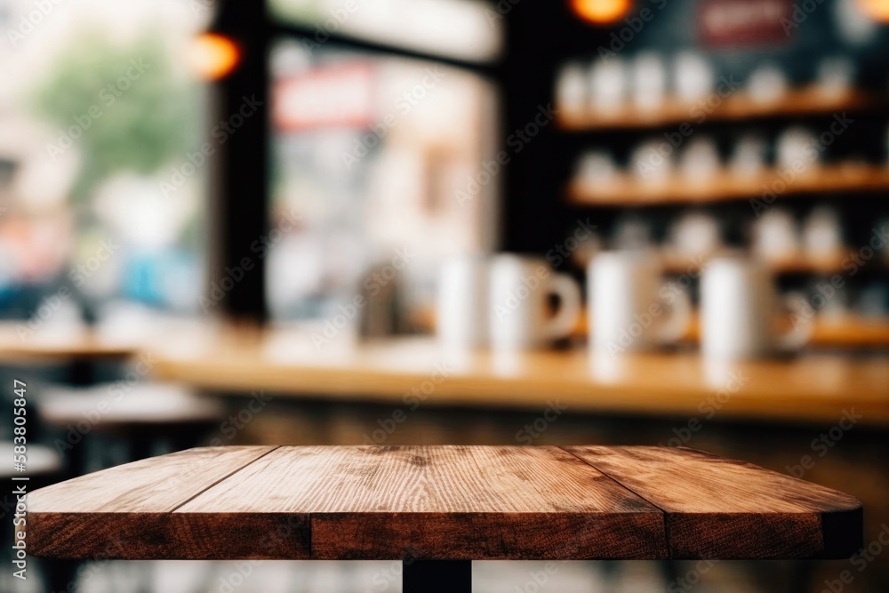 Empty wood table top and blur of cafe restaurant in dark night background Empty wood table top and blur of cafe restaurant in dark night background