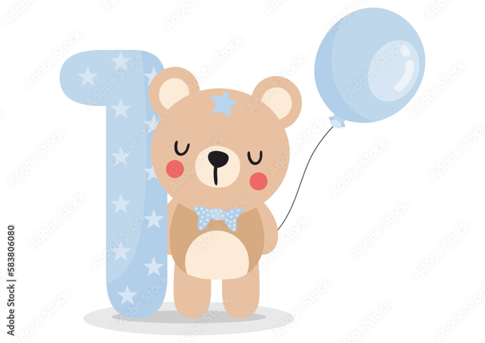 Cute teddy bear boy with balloon to celebrate happy 1st year or 1st month Cute teddy bear boy with balloon to celebrate happy 1st year or 1st month