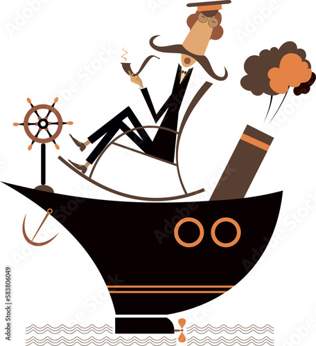 Cartoon captain of the ship with long mustache. 
The ship. Brave captain sitting in the rocking chair and smoking a pipe
