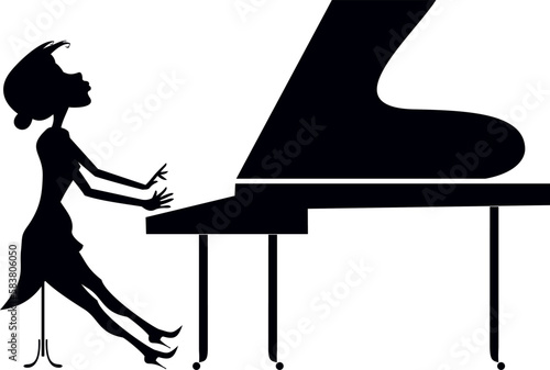 Pianist woman, piano. Art silhouette. 
Woman playing piano with inspiration. Black silhouette on white background
