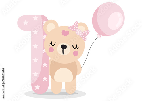 Cute teddy bear girl with balloon to celebrate happy 1st year or 1st month