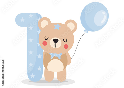 Cute teddy bear boy with balloon to celebrate happy 1st year or 1st month