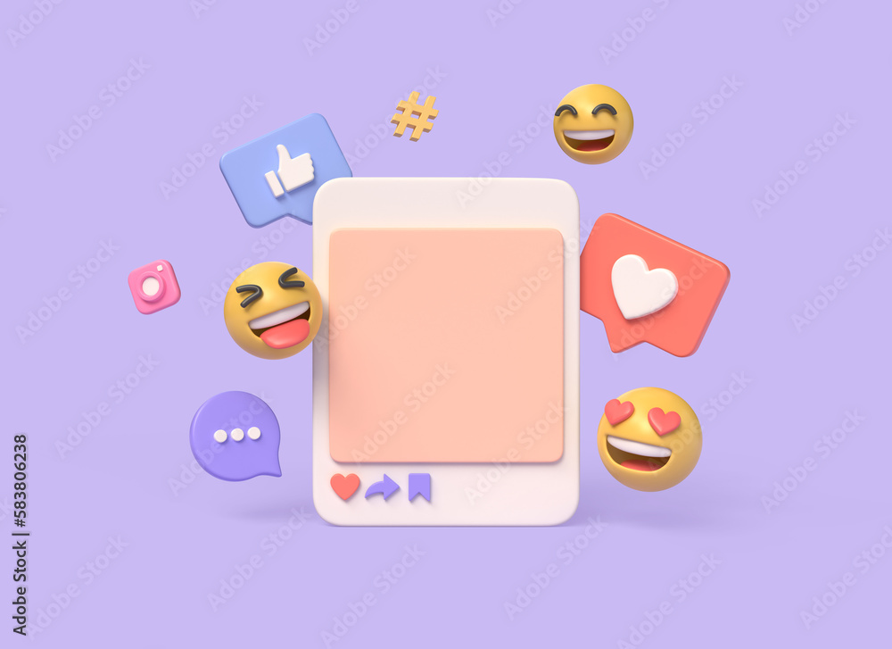 3d photo frame, emojis, chat, thumbs up and heart icon in cartoon style. social media digital marketing concept. illustration isolated on purple background. 3d rendering 3d photo frame, emojis, chat, thumbs up and heart icon in cartoon style. social media digital marketing concept. illustration isolated on purple background. 3d rendering