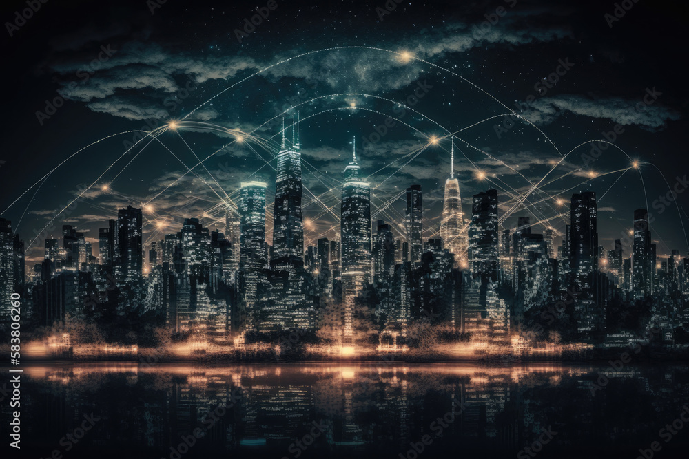 Smart city with wireless network connection and cityscape.big data connection technology concept.Wireless network and Connection technology concept with city