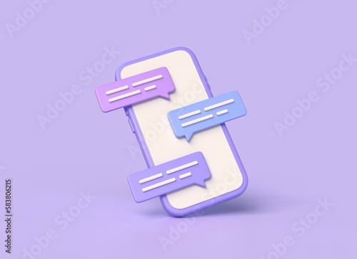 3d chat icon or speech bubble in the form of a message on a mobile phone screen. the concept of communication in social networks. illustration isolated on purple background. 3d rendering