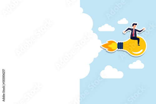 Team direction  leadership to guide team to success  boost team productivity or innovation to succeed  partnership or success startup concept  business people riding lightbulb rocket  leader pointing 