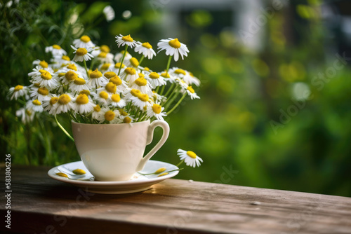 Wallpaper Mural Spring - Chamomile Flowers In Teacup On Wooden Table In Garden Torontodigital.ca