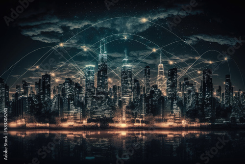 Smart city with wireless network connection and cityscape.big data connection technology concept.Wireless network and Connection technology concept with city