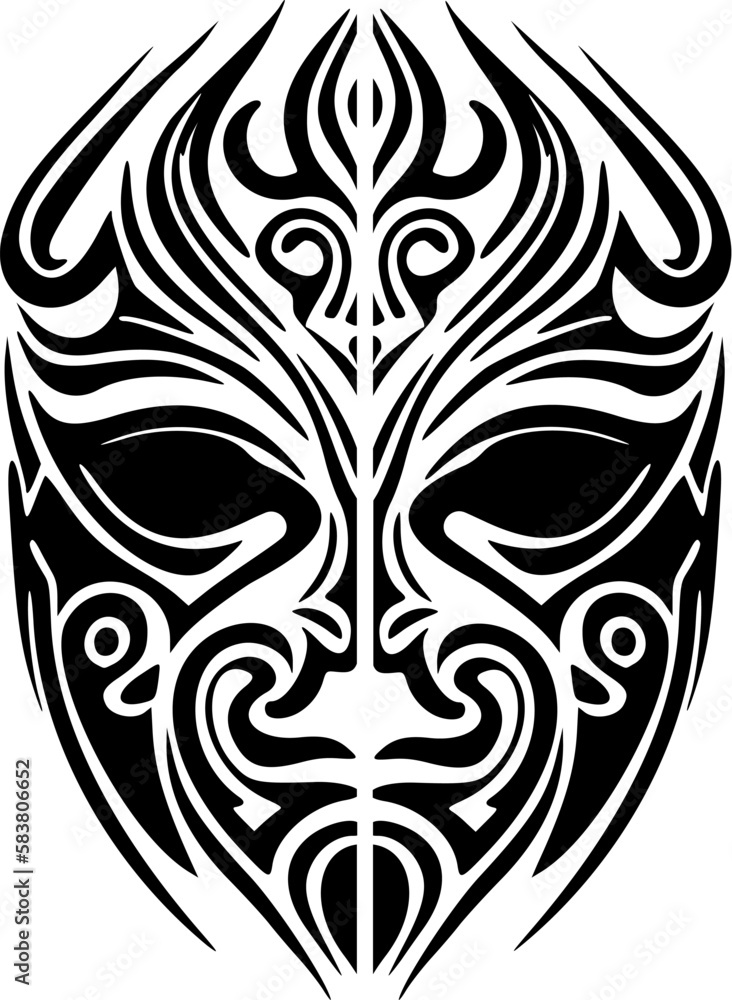Fototapeta premium Vector black and white tattoo of a Polynesian god mask sketch.