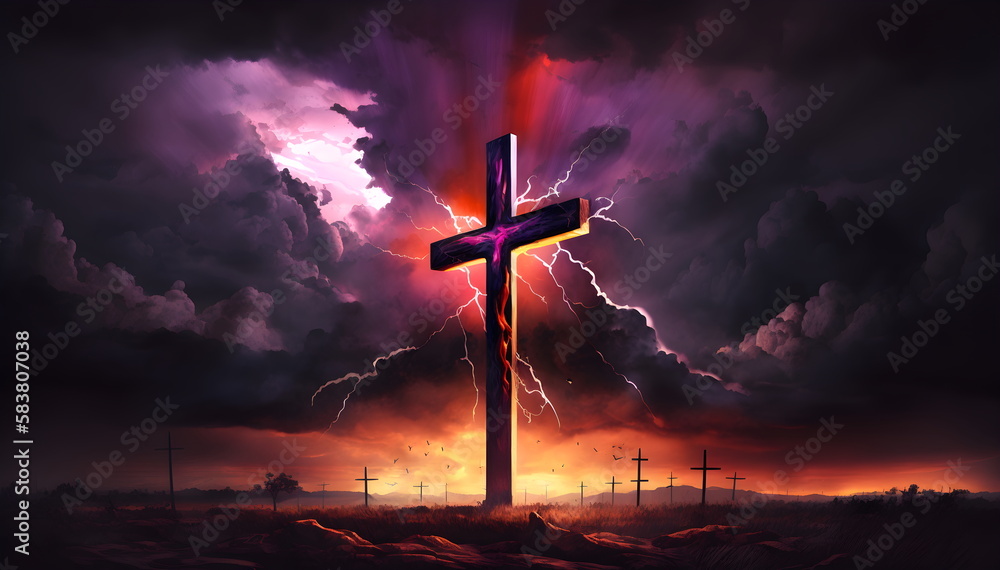 Obraz premium Cross in landscape, cross, church, religion, Christian, Christianity, Easter, sunset, sunrise, Generative AI, Religious art, Christian art, Landscape, Heavenly scene, Spiritual journey, Faith, Belief,