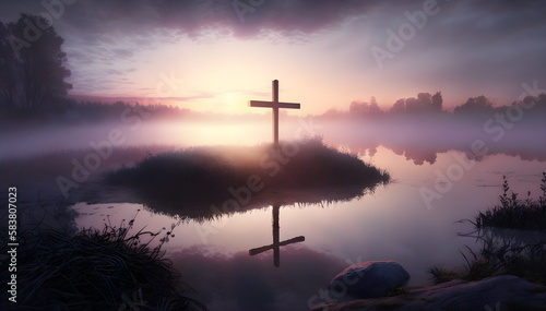 Cross in landscape, cross, church, religion, Christian, Christianity, Easter, sunset, sunrise, Generative AI, Religious art, Christian art, Landscape, Heavenly scene, Spiritual journey, Faith, Belief,