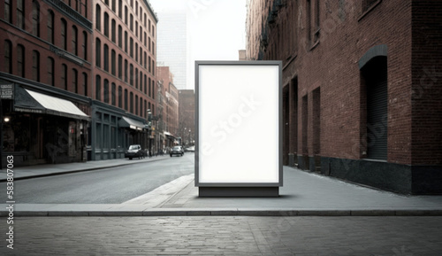 Small blank billboard in city, advertising, clean photography, brick wall