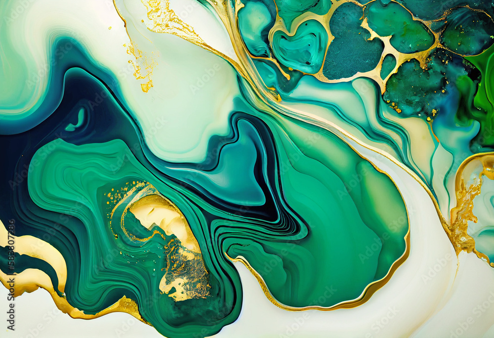 Green alcohol ink marbling raster background. Liquid waves and stains. blue and gold abstract fluid art. Acrylic and oil paint flow monochrome contemporary backdrop.