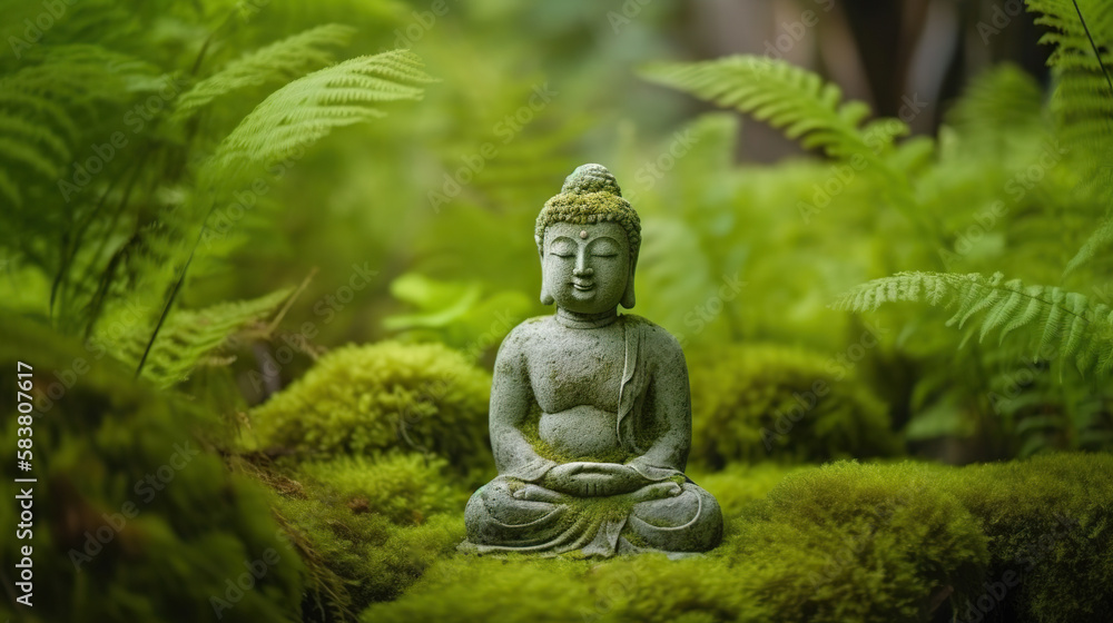 Buddha statue in the forest. Copy space. Based on Generative AI