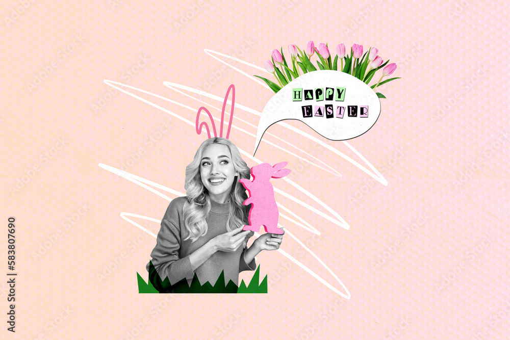 Collage greeting of young girl template hold diy handicraft pink say happy easter rabbit bouquet tulips springtime isolated on pink background Collage greeting of young girl template hold diy handicraft pink say happy easter rabbit bouquet tulips springtime isolated on pink background