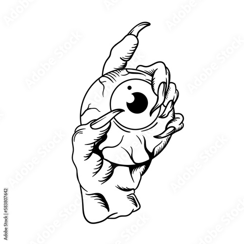 Hand drawn illustration of a devil hand holding an eyeball outline