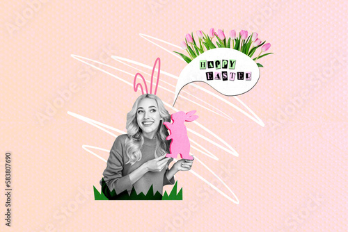 Collage greeting of young girl template hold diy handicraft pink say happy easter rabbit bouquet tulips springtime isolated on pink background