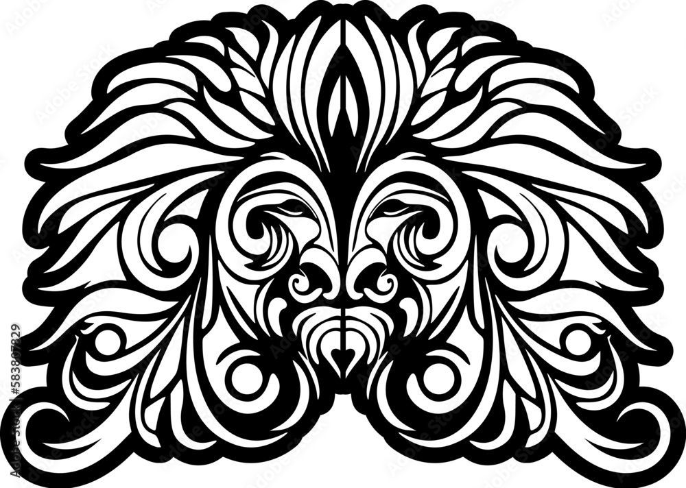 Outline vector tattoo of a Polynesian god mask, in black and white.