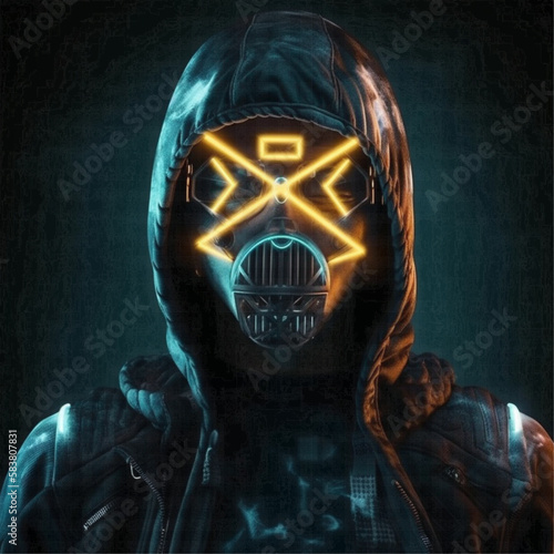 Cyberpunk man wearing in a futuristic hooded jacket and black leather mask with glowing yellow neon elements on a black background. A dark cyberpunk future concept. Vector illustration.