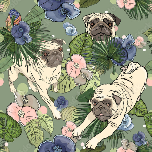 Seamless pattern with cute hand drawn pugs and tropical leaves, exotic flowers vector dog illustration. Endless texture with funny cartoon dogs for your design. Print, pattern, print on textiles
