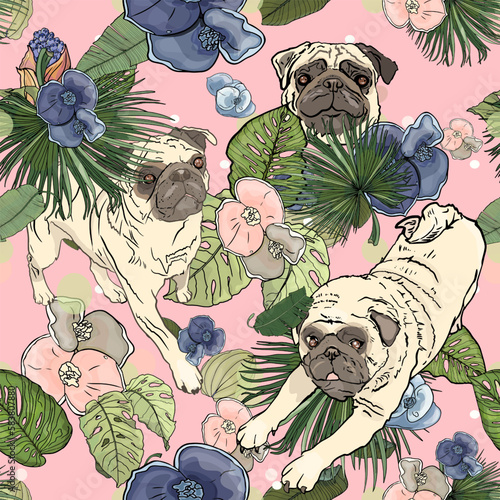 Seamless pattern with cute hand drawn pugs and tropical leaves, exotic flowers vector dog illustration. Endless texture with funny cartoon dogs for your design. Print, pattern, print on textiles