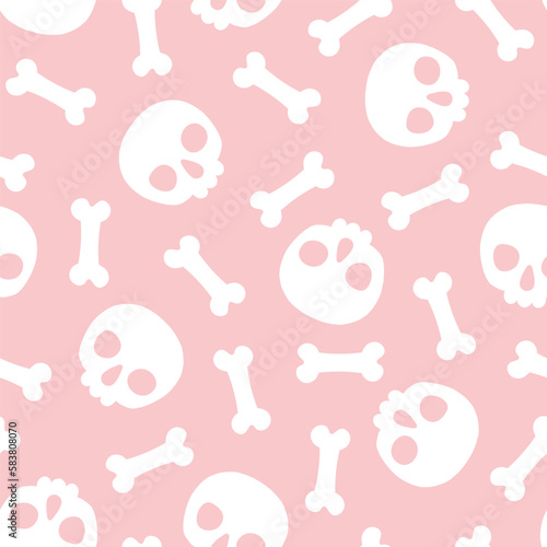 Pink seamless pattern with white skull and bones