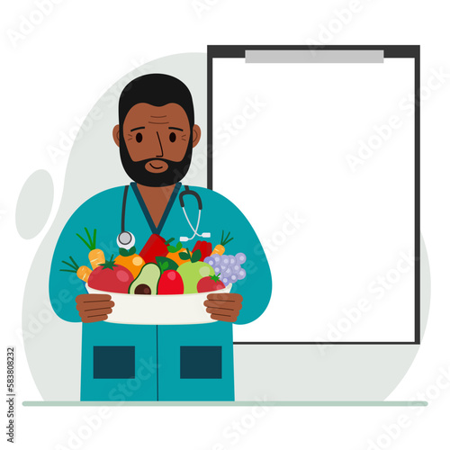 Male doctor with a plate of vegetables and fruits. Clipboard blank for your text. The concept of diet, proper nutrition, health.