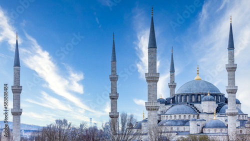 The biggest mosque in Istanbul Turkiye of Sultan Ahmed Ottoman Empire, Blue Mosque Sultanahmet Camii Sultan Ahmed Mosque in old city, Bosporus and Asian side skyline, Istanbul, Turkey photo