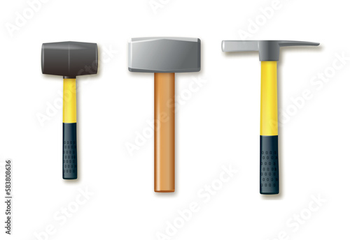 A set of hammers for the processing and extraction of mineral stone. Vector industrial workers tool. Equipment for repair, contract and locksmith work. Vector .