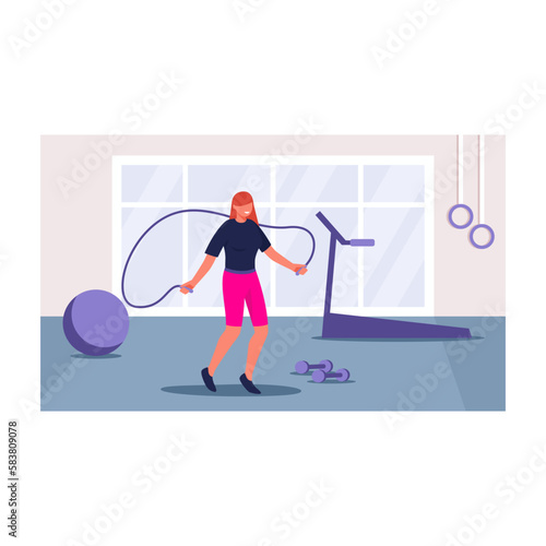 Girl in gym jumping rope. Young red haired smiling woman training, sports equipment, treadmill and dumbbells around her. Fitness exercise. Color vector graphic, flat art, cartoon illustration