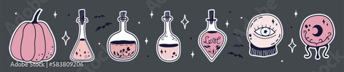 Set of Halloween stickers. Witchcraft and Magic Illustrations.