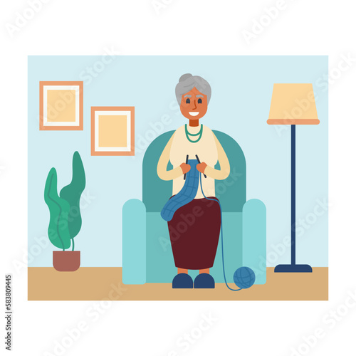 Smiling cartoon character of senior woman knitting at home. Process of making handmade clothes by grandmother. Mature lady with woolen scarf in hands. Happy old age. Vector