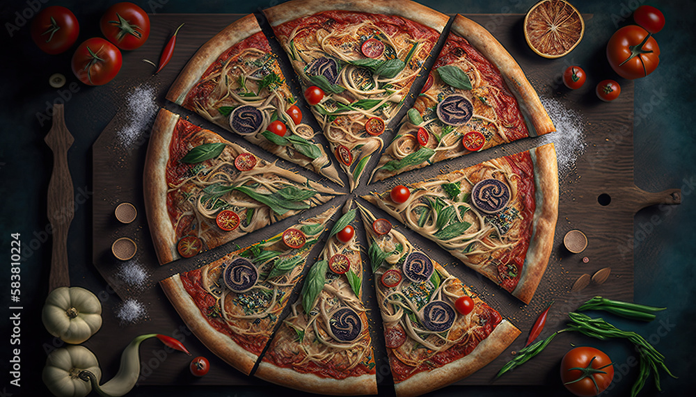 Obraz premium Delicious Ortolana Pizza. Concept promotional flyer and poster for Restaurants or pizzerias - Generative AI