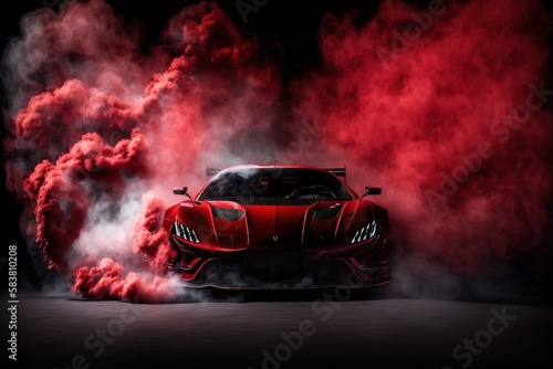Drifting car on dark black background with red smoke Fototapet
