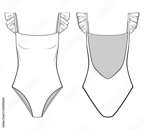 Ruffle Shoulder Bodysuit. Swimsuit technical fashion illustrations. style no.1. Flat bodysuit template front view, back view, white color style. Women, underwear CAD mockup.