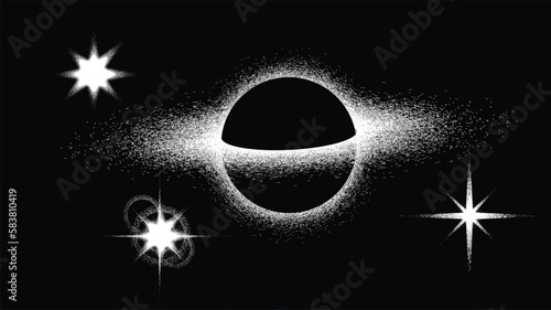 Black hole with disc of plasma  in space. Supermassive singularity in core off a galaxy, with noise texture . Event horizon .Vector illustration