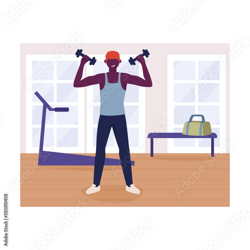 Cartoon character of young athletic man training in gym. Time for sports exercises. Morning workout with dumbbells. Active and healthy lifestyle. Vector