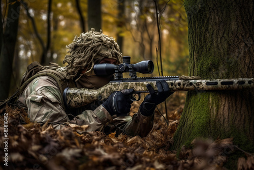 Sniper in forest using modern bolt action sniper rifle, ai generative