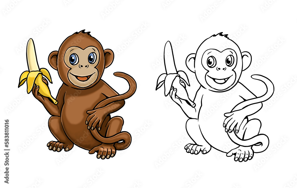 Cute monkey with banana to color in. Template for a coloring book with