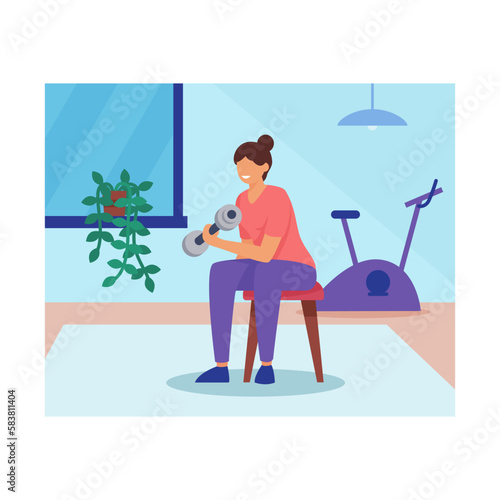 Strong young athletic woman training with dumbbell in gym. Female cartoon character doing sports exercises. Time for morning workout. Active and healthy lifestyle. Vector