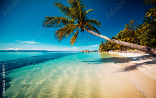 Exotic tropical beach with pearly white sand and coconut palm trees hanging over the blue water. Shallow field of view. Illustrative Generative AI.