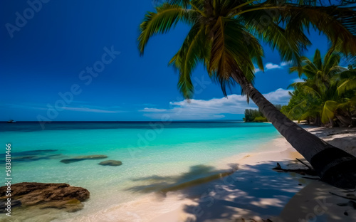 Exotic tropical beach with pearly white sand and coconut palm trees hanging over the blue water. Shallow field of view. Illustrative Generative AI.