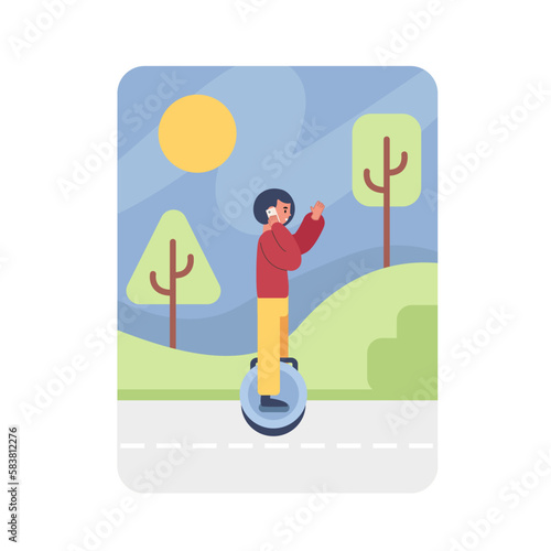 Person on hoverboard, personal eco friendly transport. Clean tech, modern technology to save environment and ecology. Color vector graphic, flat art, cartoon illustration