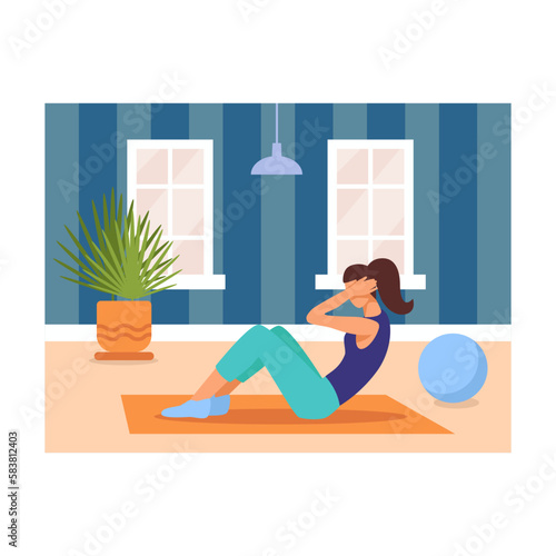 Cartoon character of young athletic woman pump abs at home. Time for abdomen exercises. Morning workout to loss weight. Active and healthy lifestyle. Vector