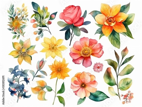 Wallpaper Mural Watercolour floral of set. Watercolor Flower leaves collection - for bouquets, wreaths, wedding invitations, anniversary, birthday, postcards, greetings. generative ai Torontodigital.ca
