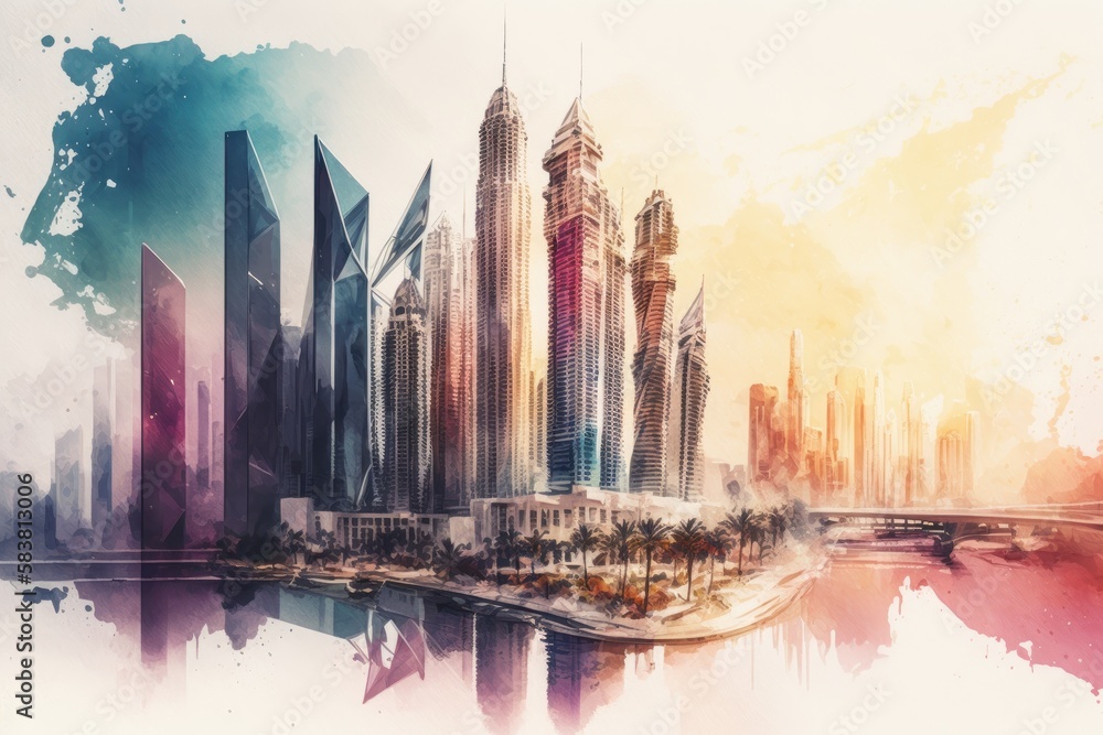 Fototapeta premium Many skyscrapers. Watercolor art of modern city. Generative AI