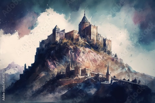 Watercolor art of medieval city, a castle on the mountain. Generative AI