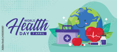 World Health Day - World charecter and heart with Heart rhythm wave and medical supplies around on soft green background vector design