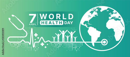 World Health Day - White stethoscope are Heart rhythm wave line to circle world with human and cross sign around on gradient green background vector design